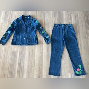 Y2K Birch Hill Outfit Denim Jacket Jeans Set Floral Appliqué Women’s L Boho 70s
